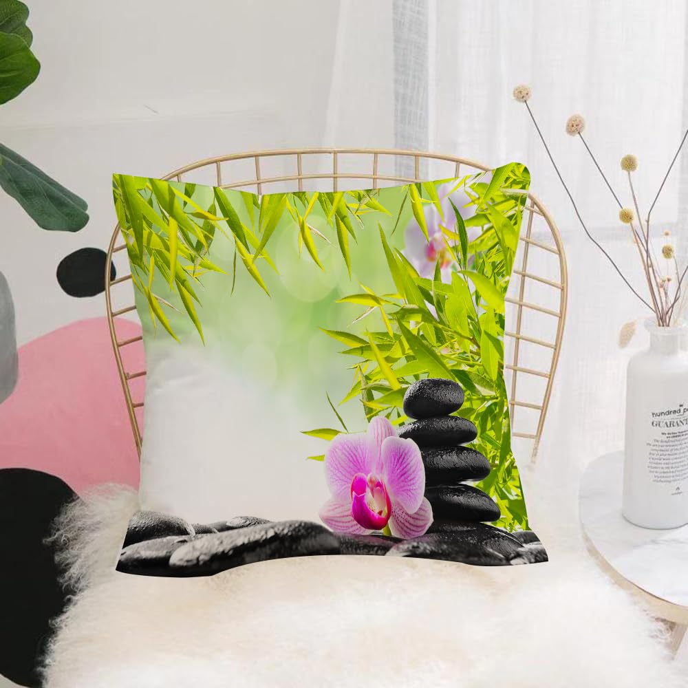 Hyosxw Quiet Spa With Bamboo, Orchids And Stones, S - A2 Cushion Cover,Throw Pillow Case Home Decorative For Living Room Bedroom Sofa Chair 18X18 Inch,Quiet Spa With Bamboo, Orchids And Stones, Stacked Pebbles, Pink Orchids And Gr,Pillowcase 45X45cm