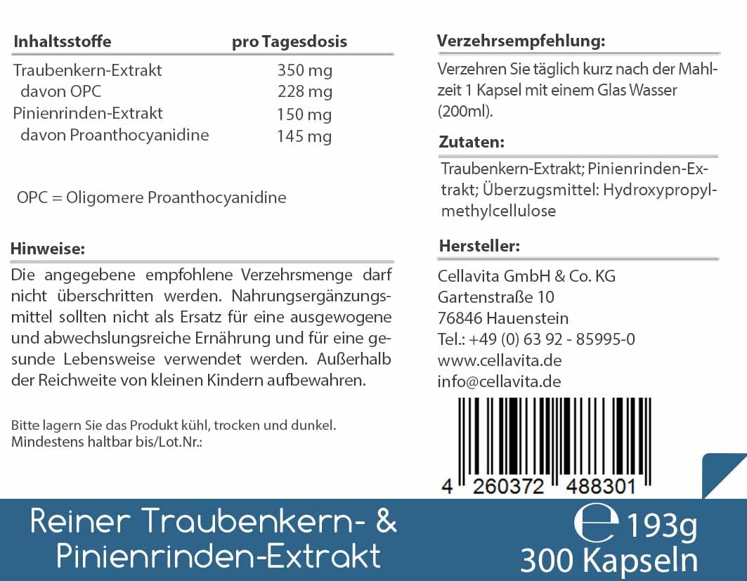 CELLAVITA OPC Vita 300 Kapseln | Traubenkernextrakt & Pinienrindenextrakt (Oligomere Proanthocyanidine) | Hochdosierte Qualität