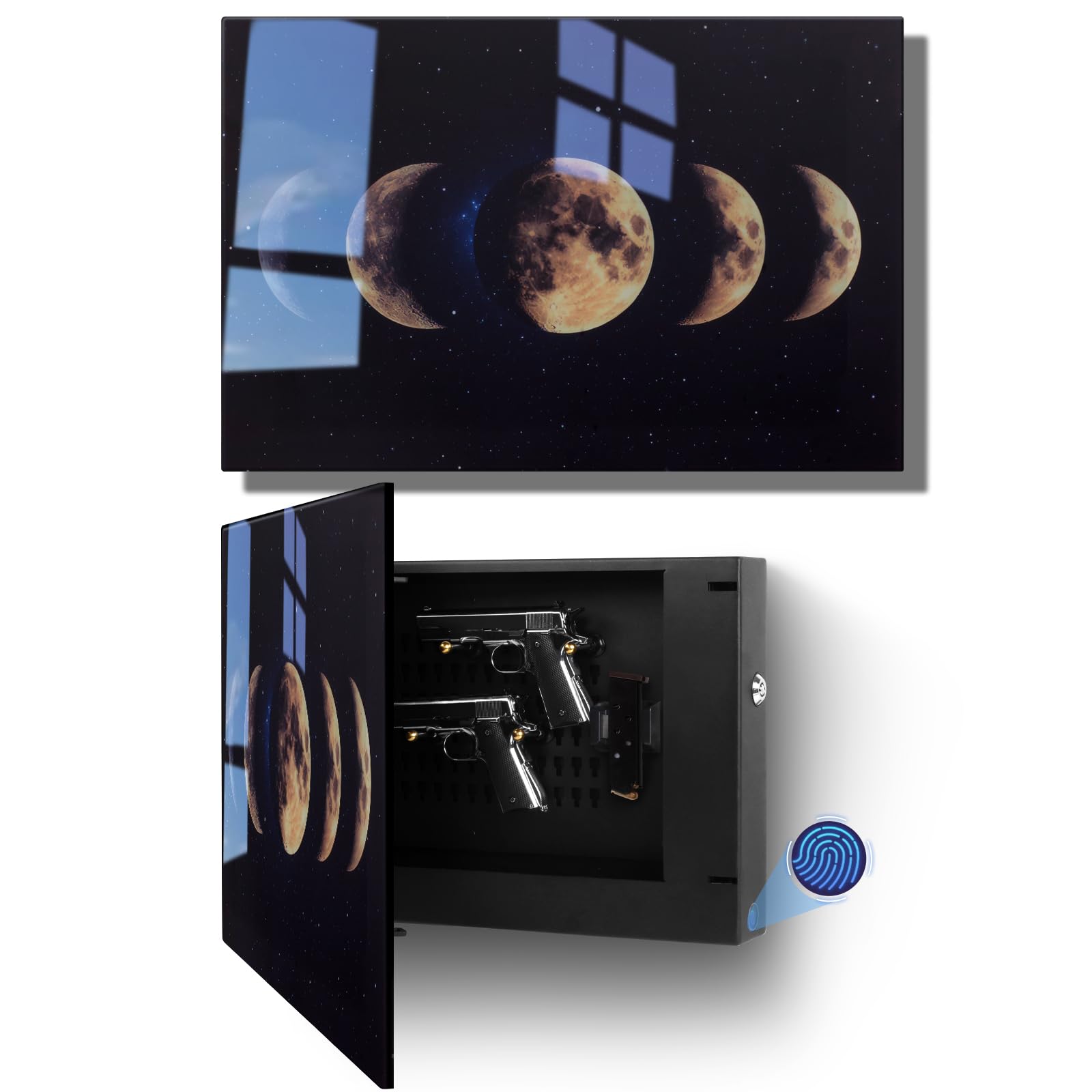 Biometric Hidden Gun Safe Fits 2 Pistols,Quick Access Hidden Gun Storage with Movable Bracket and Magazine,Wall Gun Safe for Secure Firearm Storage with Fingerprint, Key Access(Moon,18.8inch)