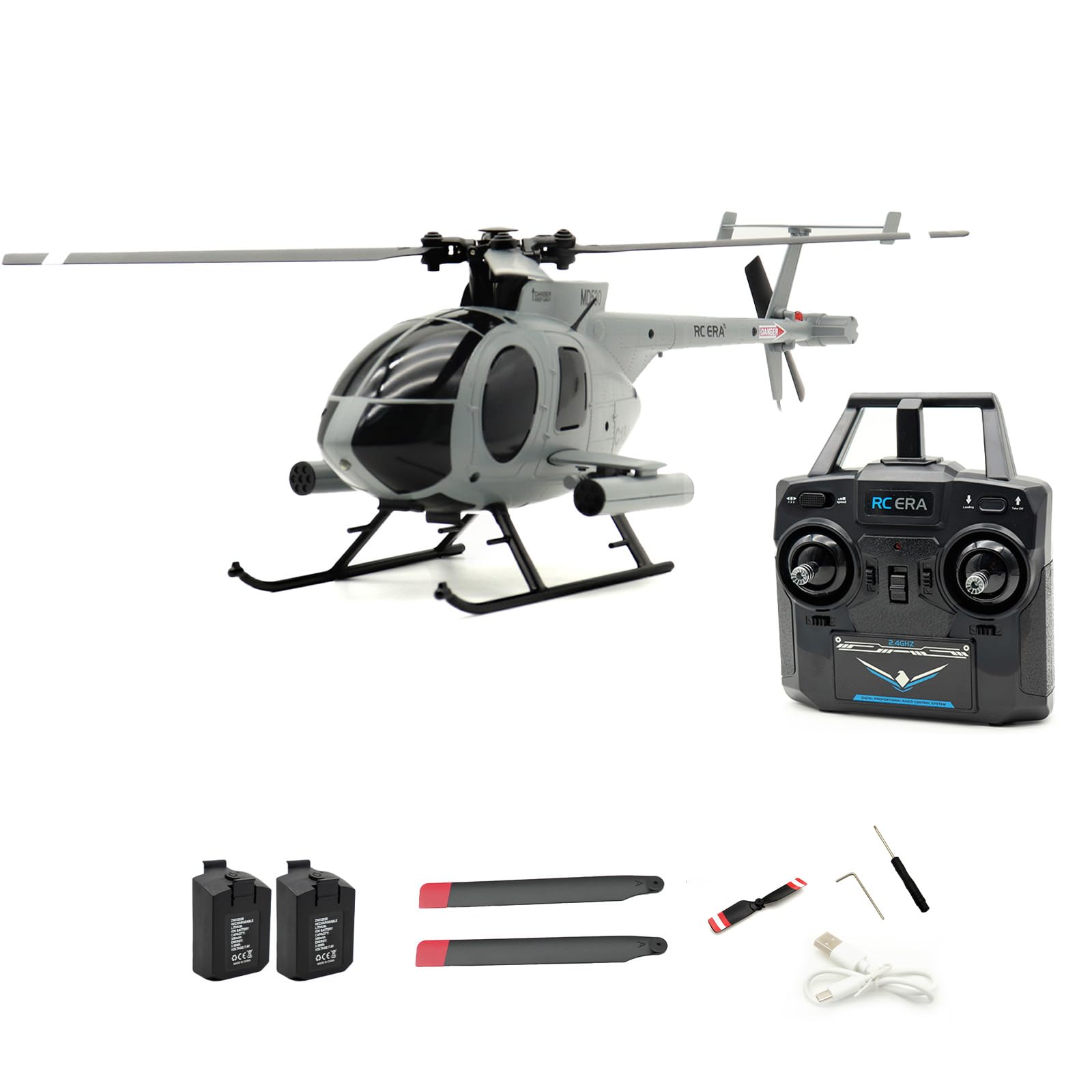 RC-ERA C184 MD500 RC Hubschrauber, 4-Kanal-Einpropeller, 6-Achsen-Gyrostabilisierter Ferngesteuerter Helikopter Mit Optischem Fluss Und Verbessertem Für Erwachsene – Grau / 2 Akku