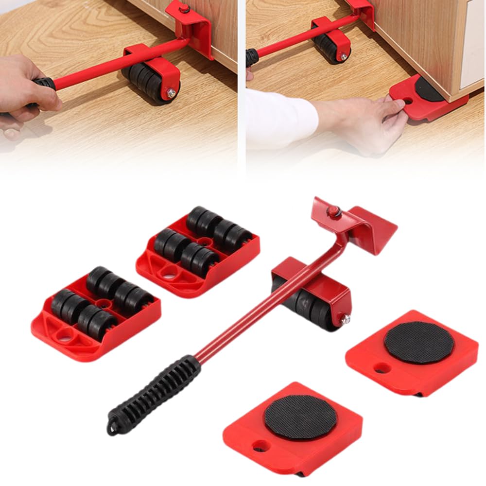 Furniture Lift Mover Tool Set with Adjustable Height Lifting Tool Lever & 4 Wheels, Red, 220 LBs, Steel, Fixed, Furniture Mover, Dolly, Lifter