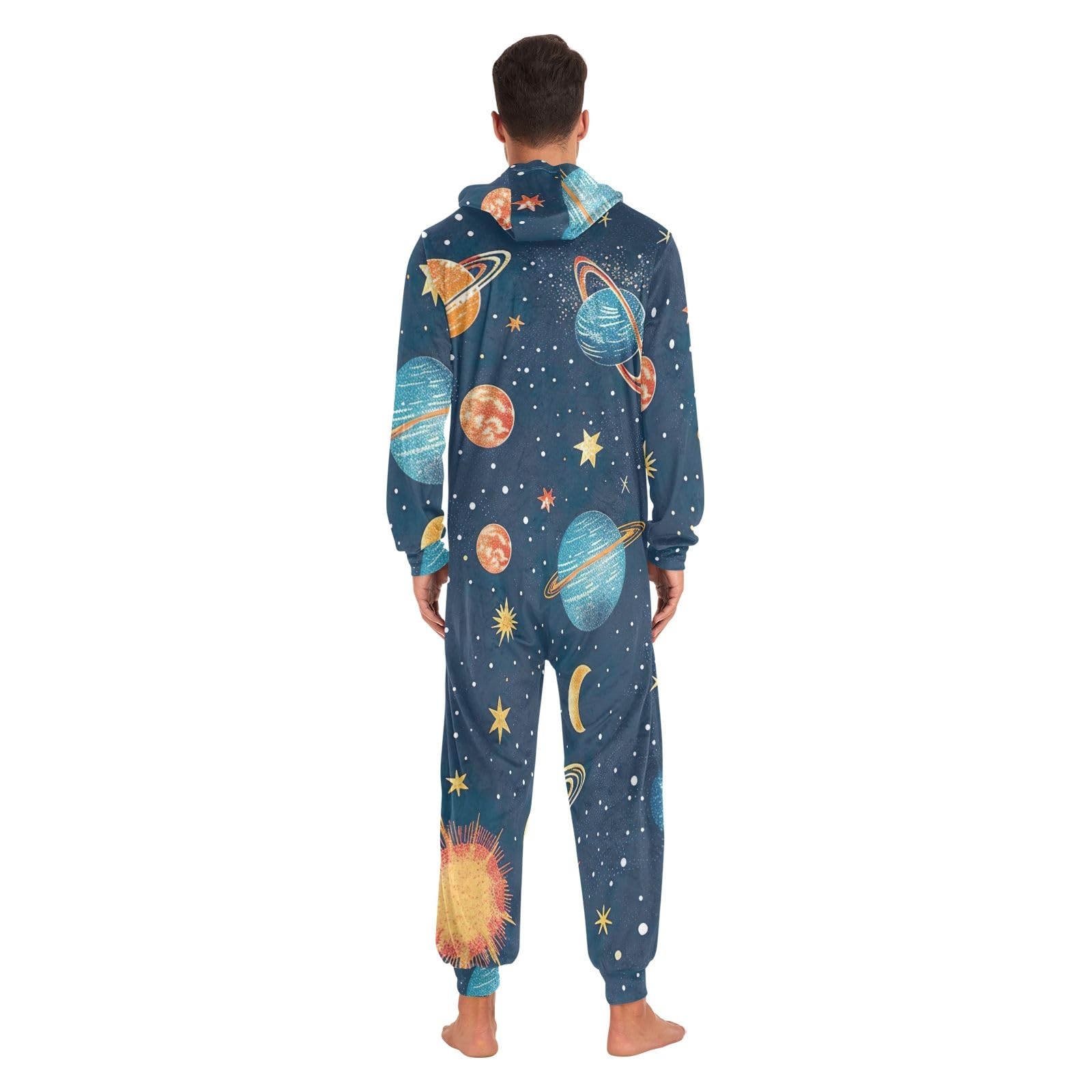 Carino Cartoon Planets Blu Adulto Natale Tutina Tuta Cerniera Pigiama Morbido Peluche Loungewear
