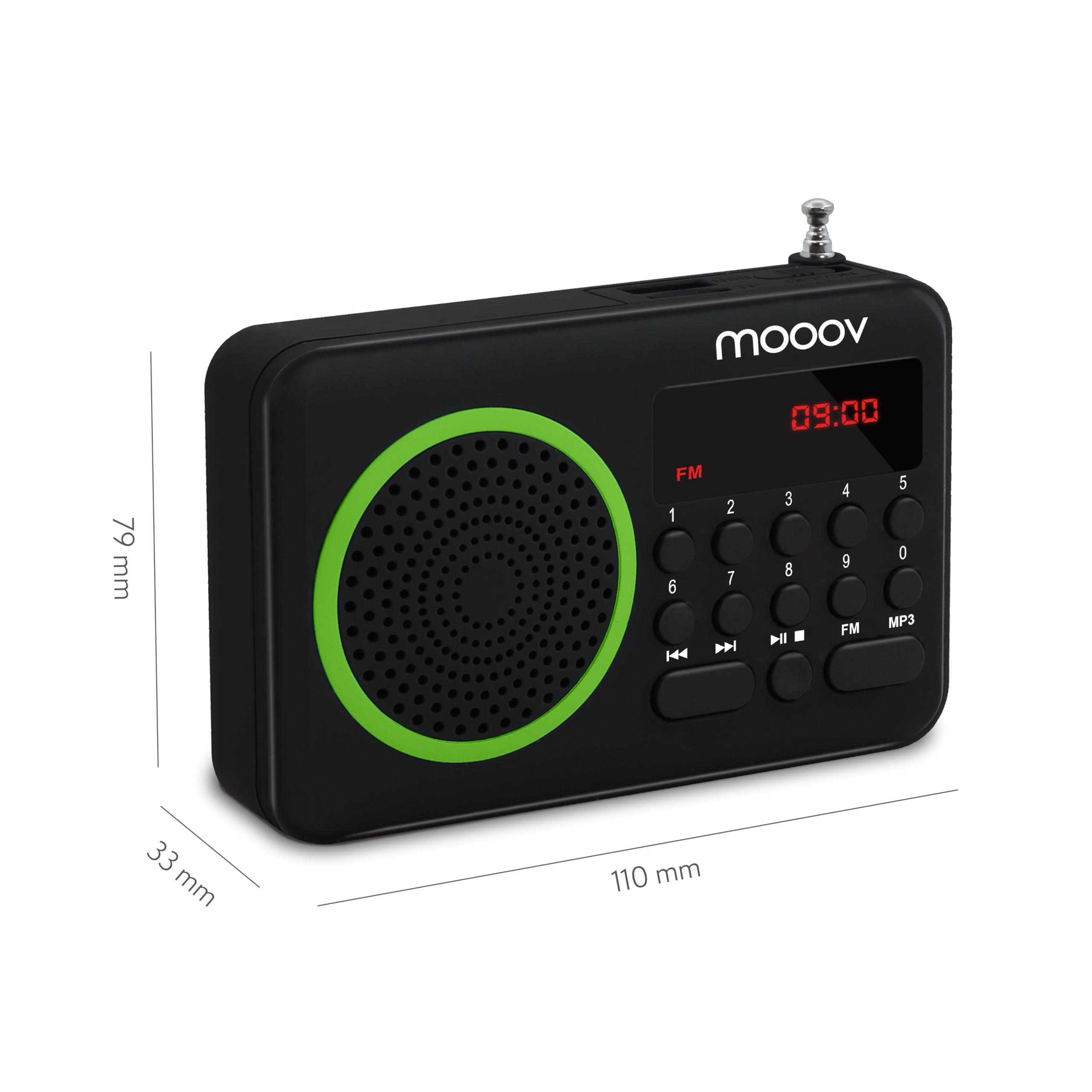 Metronic 477202 - Radio portátil FM compacto con puerto USB, lector tarjeta Micro SD, color negro/verde