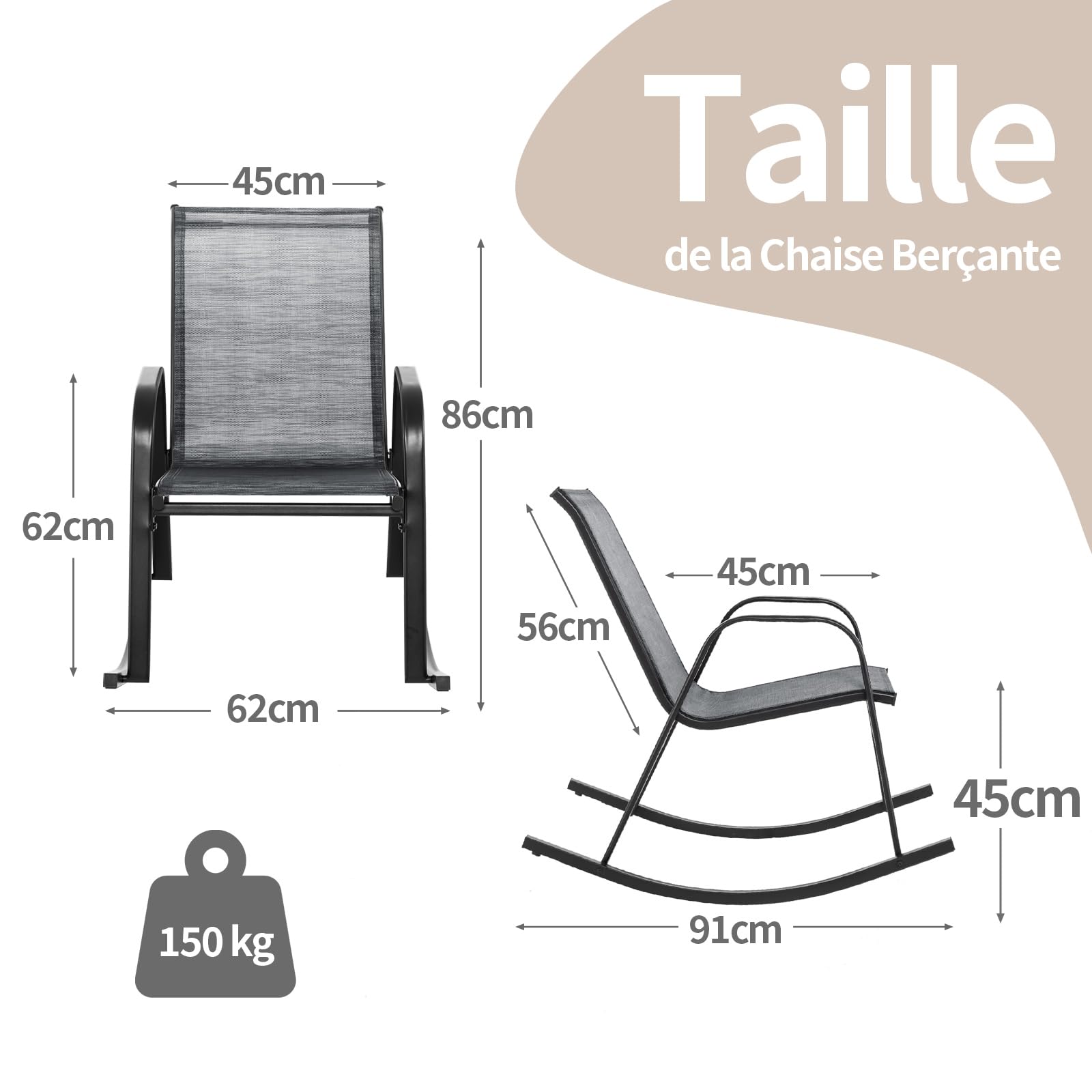 COSTWAY Chaise de Jardin à Bascule Lot de 2, Fauteuil à Bascule avec Accoudoirs, Cadre en Métal, Rocking Chair Ergonomique pour Jardin, Piscine, 91 x 62 x 86 cm (Gris)