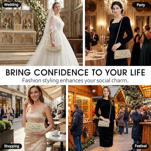Image of Bow Rhinestone Evening Clutch Purses for Women Weddings Party Prom Diamond Glitter Sparkly Handbag with Detachable Chain