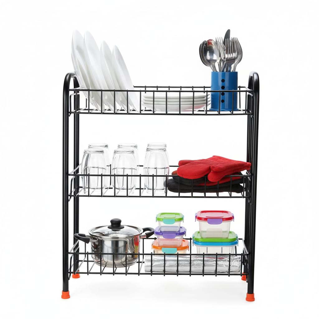 Namani 3 Tier Foldable Black Multipurpose Rack for Kitchen & Bathroom – Heavy Metal Storage Rack Shelf Organizer for Plates, Utensils, Toiletries & Storage, Space Saver