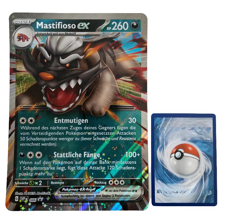 BB-Toy-Trades TCG PKM Trading Card XXL Black Star Promo Card - German - Fullart Holo Mega Jumbo Oversize Single Card with BB-Toy-Trades Sleeve - Crimson & Purple - Mastifioso ex SVP086