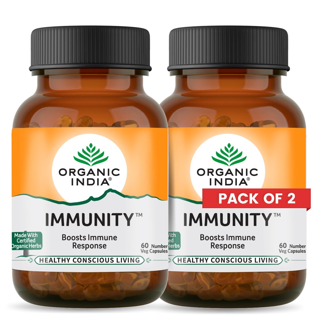 A TATA Product - Organic India Immunity - 60 Veg Capsules (Pack of 2), Helps Boost Immune Response Against Illness, Relief From Cold, Cough, Flue & Other Respiratory Tract Infection, GMP & NPOP Certified Organic