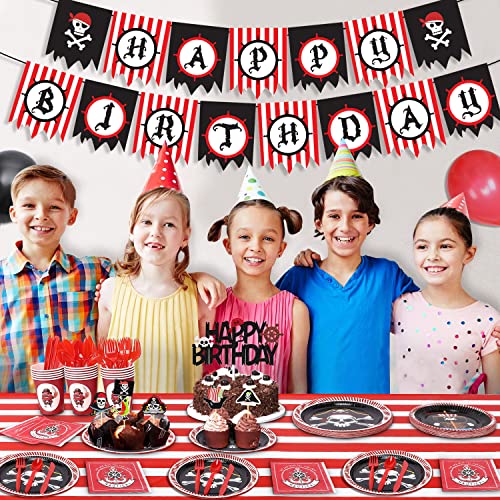 Jhkim Pirate Party Supplies - 157Pcs Pirate Party Serves 16, Incluedes Paper Plates, Balloons, Happy Birthday Banner, Napkins, Cups, Pirate Tablecloth, Flatware, Cupcake Toppers, Pirate Halloween Themed Birthday Decorations #TOP4