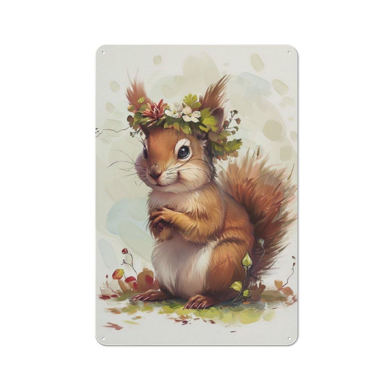 Squirrel Flower Tin Wall Plaque 30x20cm, Rustic Cottage Wall Art for Dining Room, Cafe, Entryway Or Family Room