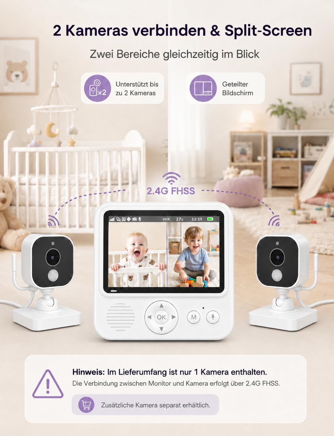 BURNNOVE Babyphone mit Kamera, Babyphone ohne WLAN, 96H VOX Akku, 720P IPS, Split Screen, Bewegungserkennung, Nachtsicht, 2-Wege-Audio, Temperaturüberwachung