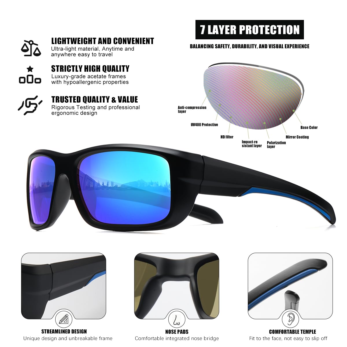 Confezione da 3 occhiali da sole sportivi polarizzati da uomo, montatura avvolgente UV400, occhiali da sole per ciclismo, pesca, guida