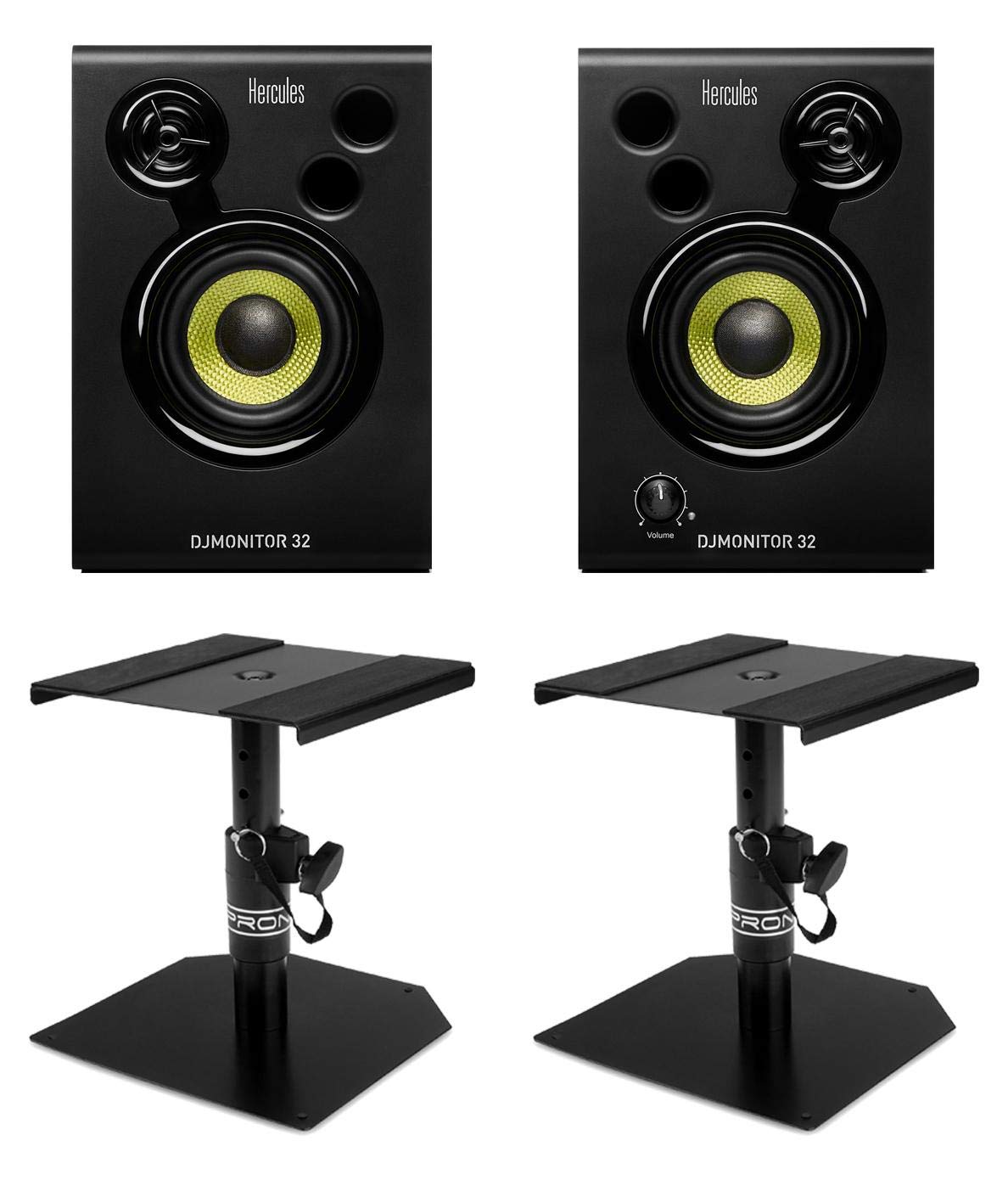 Hercules DJMonitor 32 Tischstativ Set (kompaktes Aktiv-Lautsprecher Paar mit 15W pro Satellit, 3"-Tieftöner & dualem Bass-Schacht im praktischen Set inkl. 2 Tischstativen für Studiomonitore) Schwarz