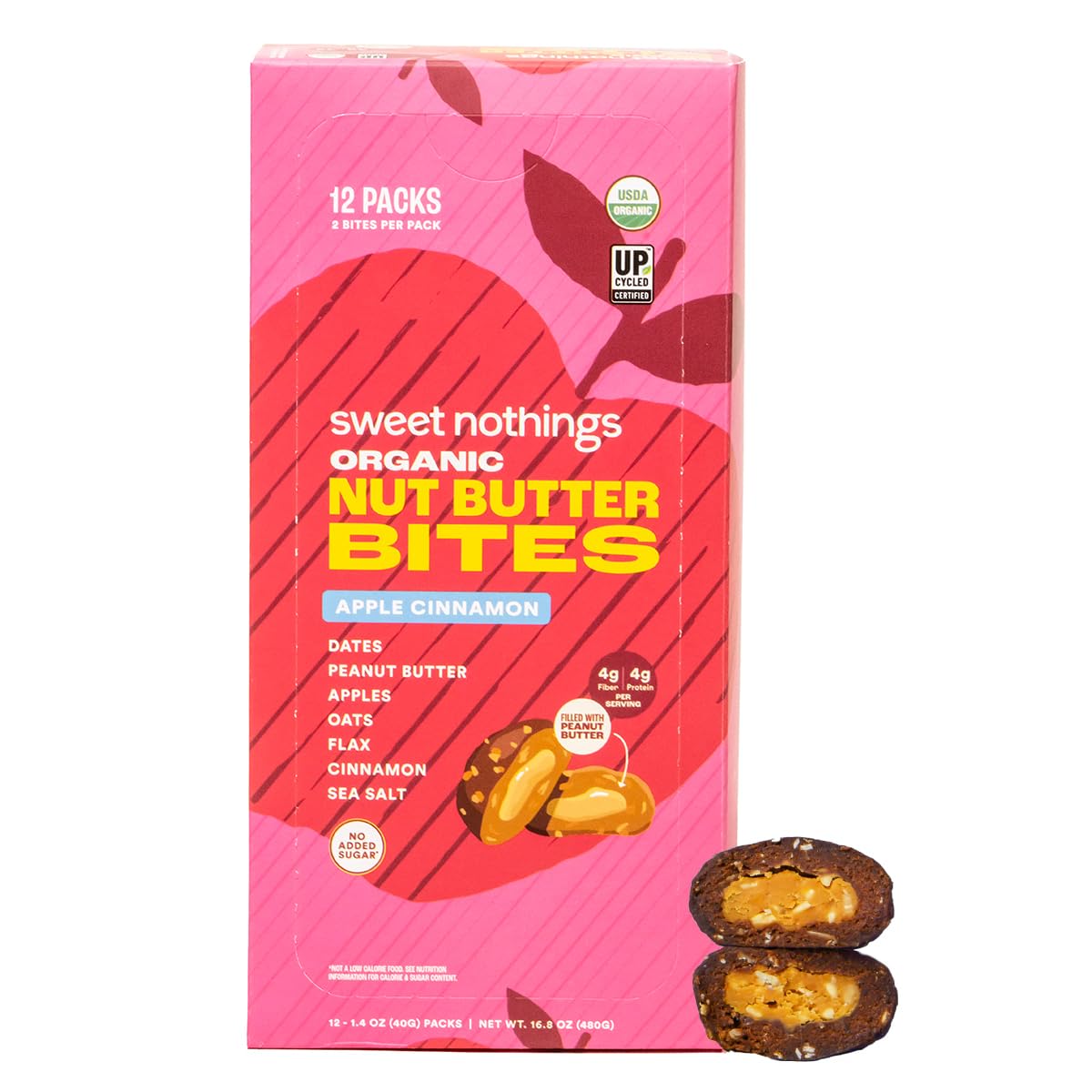 - Sweet Nothings, Apple Cinnamon, USDA Organic Nut Butter Bites Protein Bar, Nut & Date Snack, Filled with Peanut Butter, 12-2 Bite Value Packs - No Added Sugar, Good Source of Fiber, Only 7 Ingredients