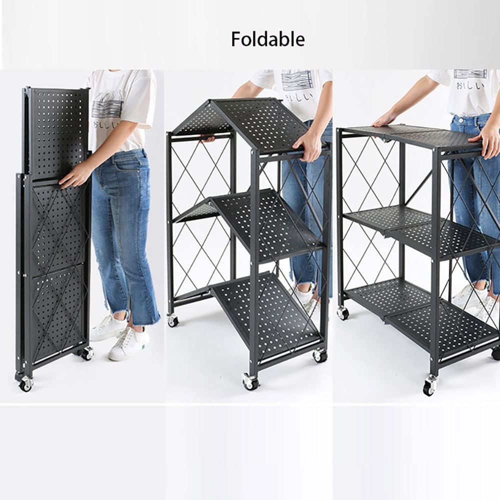 Scaffalatura pieghevole a 3/4/5 ripiani con ruote, capacità di 210 kg, scaffale in metallo per garage, cucina, soggiorno e bagno, nero