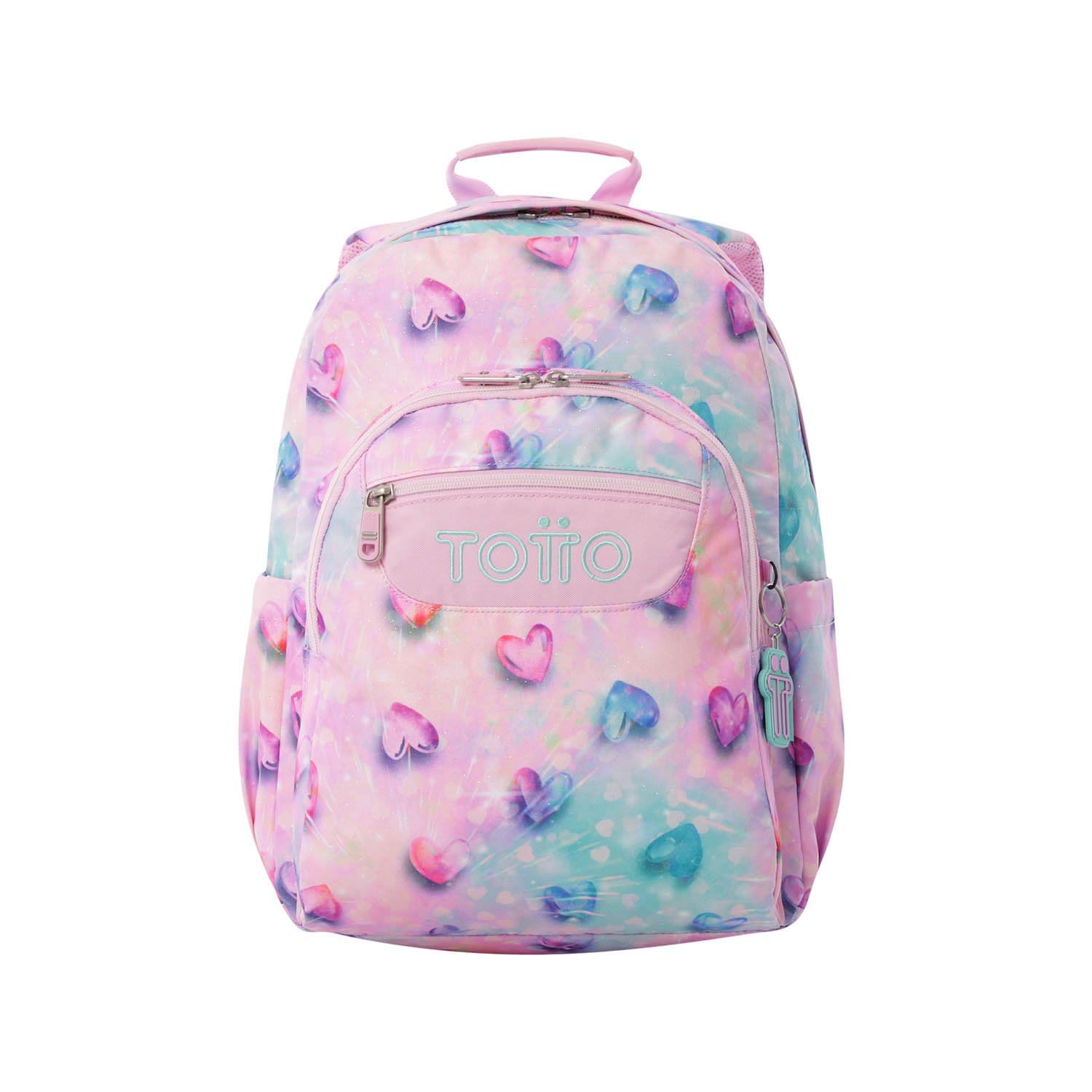 TOTTO - Mochila Escolar Adaptable a Carro, Modelo Acuareles, Capacidad 20L, Bolsillo para Pc 14", 2 Bolsillo Botella, Espaldar Ergonómico con Flujo de Aire, Correas en S, Estampado Shiny Heart Glitter