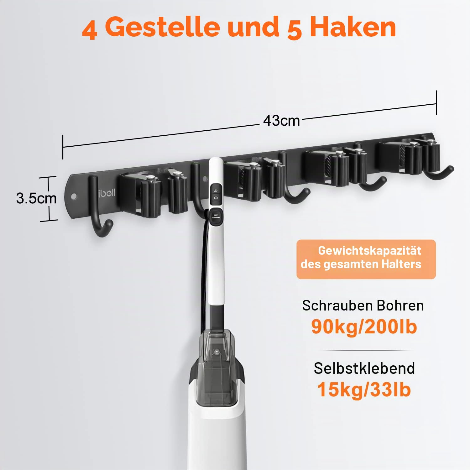 ibell 2 Stück Besenhalterung Wand, 8 Halter + 10 Haken Gerätehalter Edelstahl Wandhaken Selbstklebend, Besenhalter Wandhalterung Gartengerätehalter mit Schrauben, Schwarz Werkzeughalter für Garage