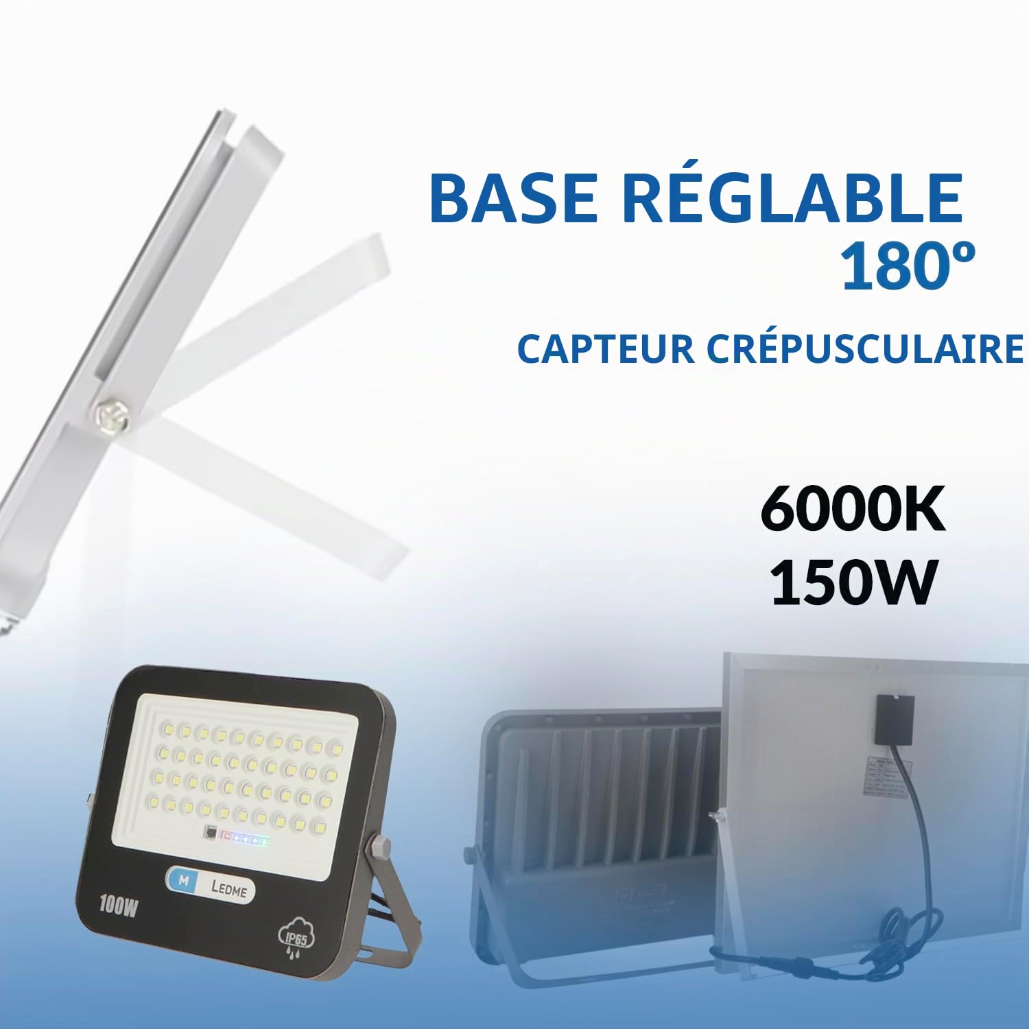M Ledme - Projecteur solaire LED 200W avec télécommande, 2800 lumens, dimmable, IP65, Lumière Froide (6000k), batterie de grande capacité 20.000 mAh. Longueur du câble 2,10M