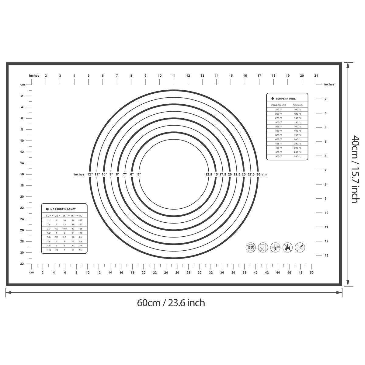 Silicone Pastry Mat Extra Large Non Slip with Measurement, Non Stick, Large and Thick, for Fondant, Rolling Dough, Pie Crust, Pizza and Cookies - BPA Free Easy Clean Kneading Matts,16" x 24",Black