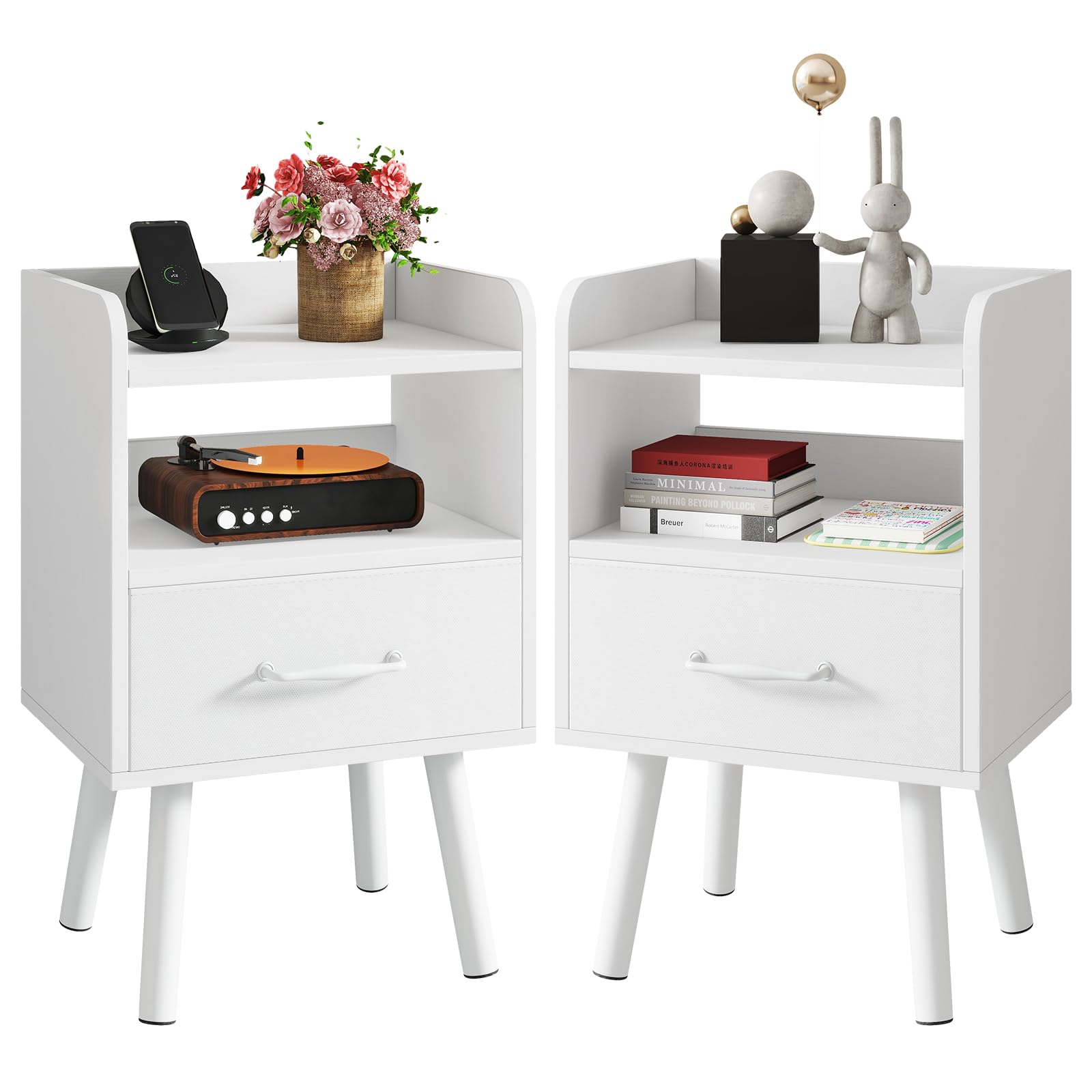 YMYNY Bedside Table Set of 2, Nightstand, Side Table, Wooden Sofa End Table with Fabric Drawer, Open Shelf, Solid Wood Legs, 39x29x63 cm, for Bedroom, Living Room, White HST021W-2