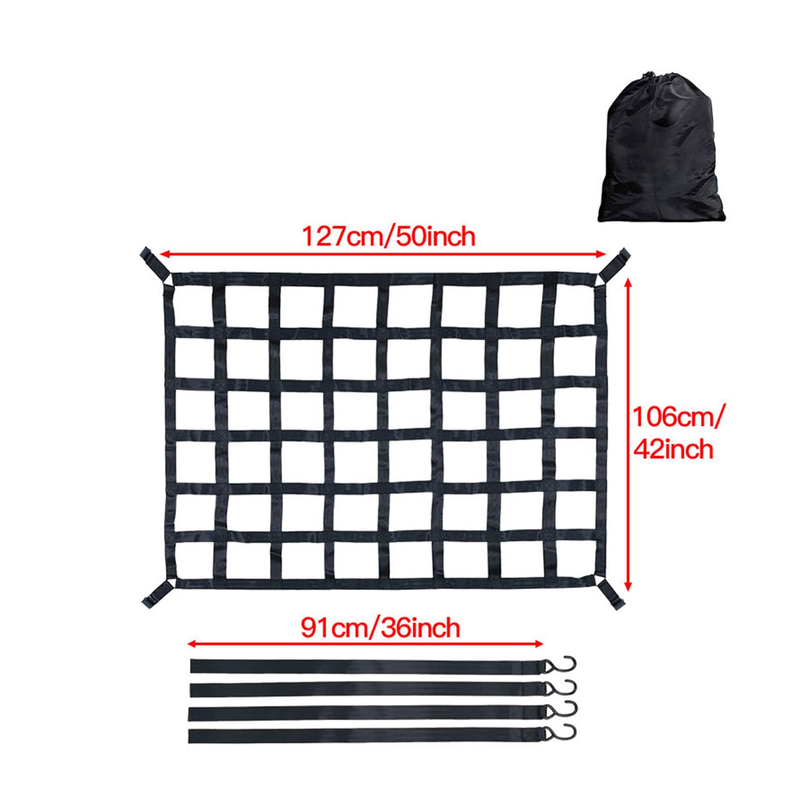 Gepäcknetz, verstellbares Pickup-Truck-Ladeflächennetz, Dachträger-Gepäckkorbnetz mit S-Haken, Gepäckträger-Spannnetz (50" x 42")