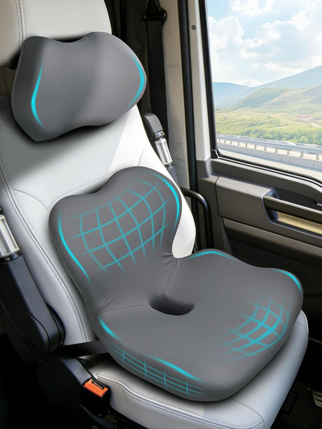 3-in-1 Truck Seat Cushion Headrest Set Ergonomic Memory Foam Car Seat Cushion with Adjustable Straps Hip Back Head Support for Long Driving Semi Truck Car Office Wheelchair