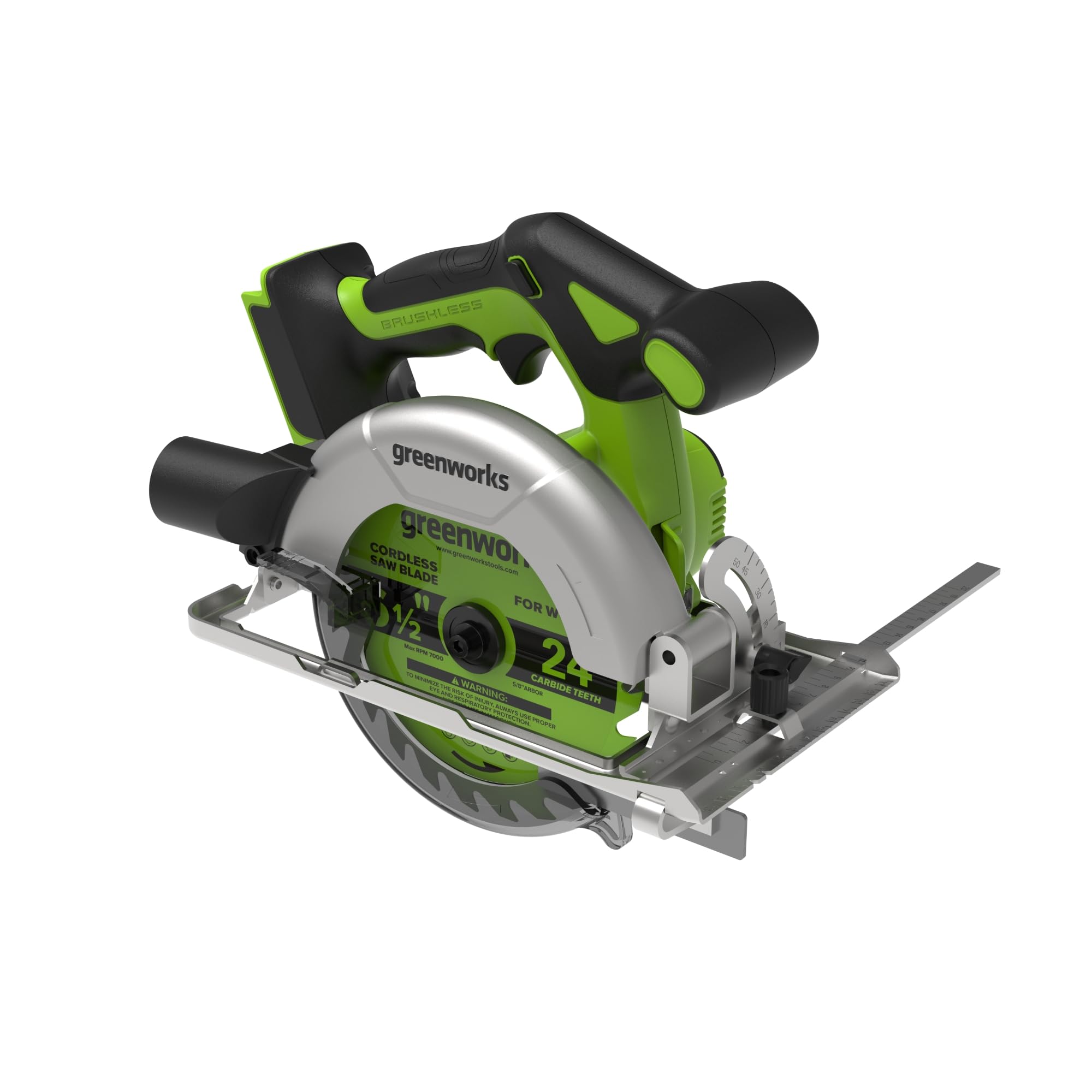 Greenworks 24V Bürstenlose 165mm Akku-Kreissäge, 5.000 U/min, 20mm Sägeblatt, Einstellbare Schnitttiefe 45°/90°, LED-Licht, Ohne Batterie und Ladegerät CRG404