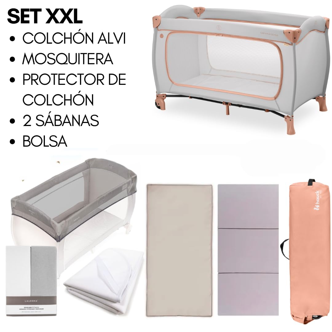 hauck Sleep N Play Go Plus XXL Cuna de Viaje Completa | Parque Infantil Bebé con Colchón - Bajera - Mosquitera y Protector para Colchones Impermeable – Cama Plegable con Ruedas