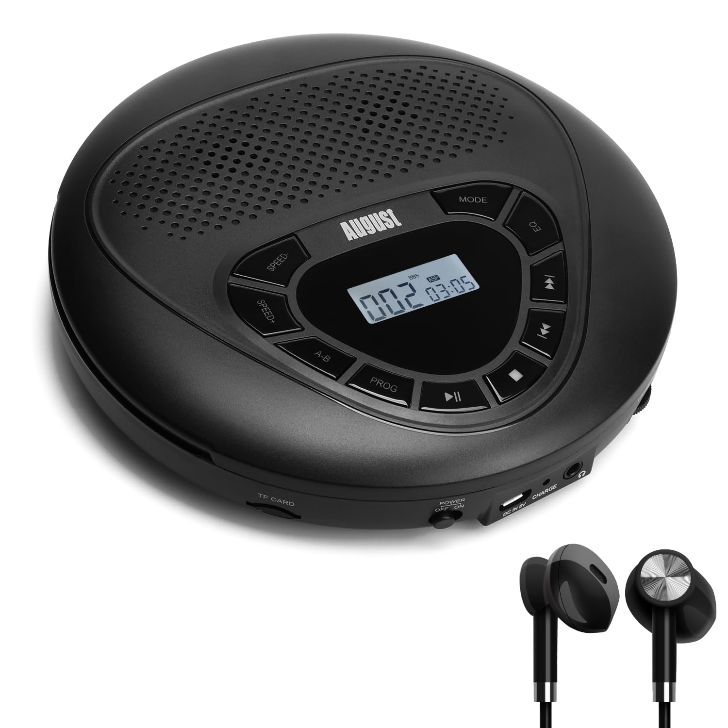 Lecteur CD Portable avec Haut-​Parleur Rechargeable - August SE10 Baladeur CD et MP3 Adulte Enfant pour Maison et Voiture, pour Cours et Leçon, Antichocs, Batterie Rechargeable Haut-​Parleur - Noir