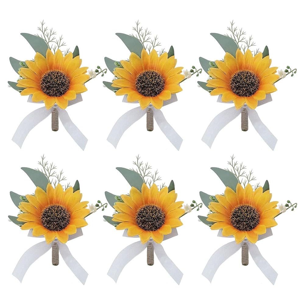 Hndhbfgrt Boutonniere, 6PCS Artificial Sunflower Wedding Flower Corsage Set, Bride Groom Bridesmaid for Party and Vintage Wedding
