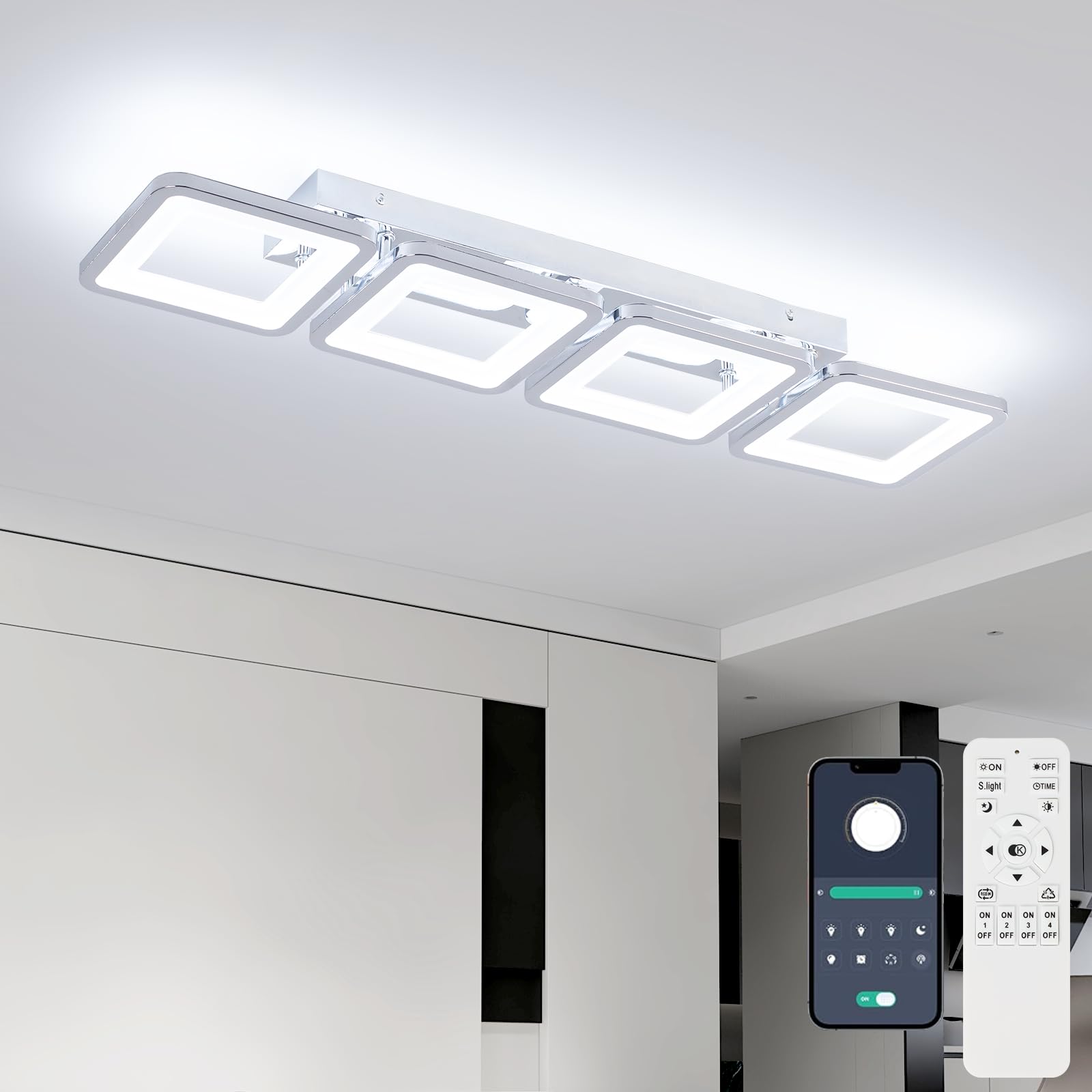 Lámpara de techo LED regulable (69 cm, con mando a distancia, 3000-6500 K, 4 cuadrados, plata, lámpara de techo para pasillo, comedor, dormitorio, oficina, cocina, salón
