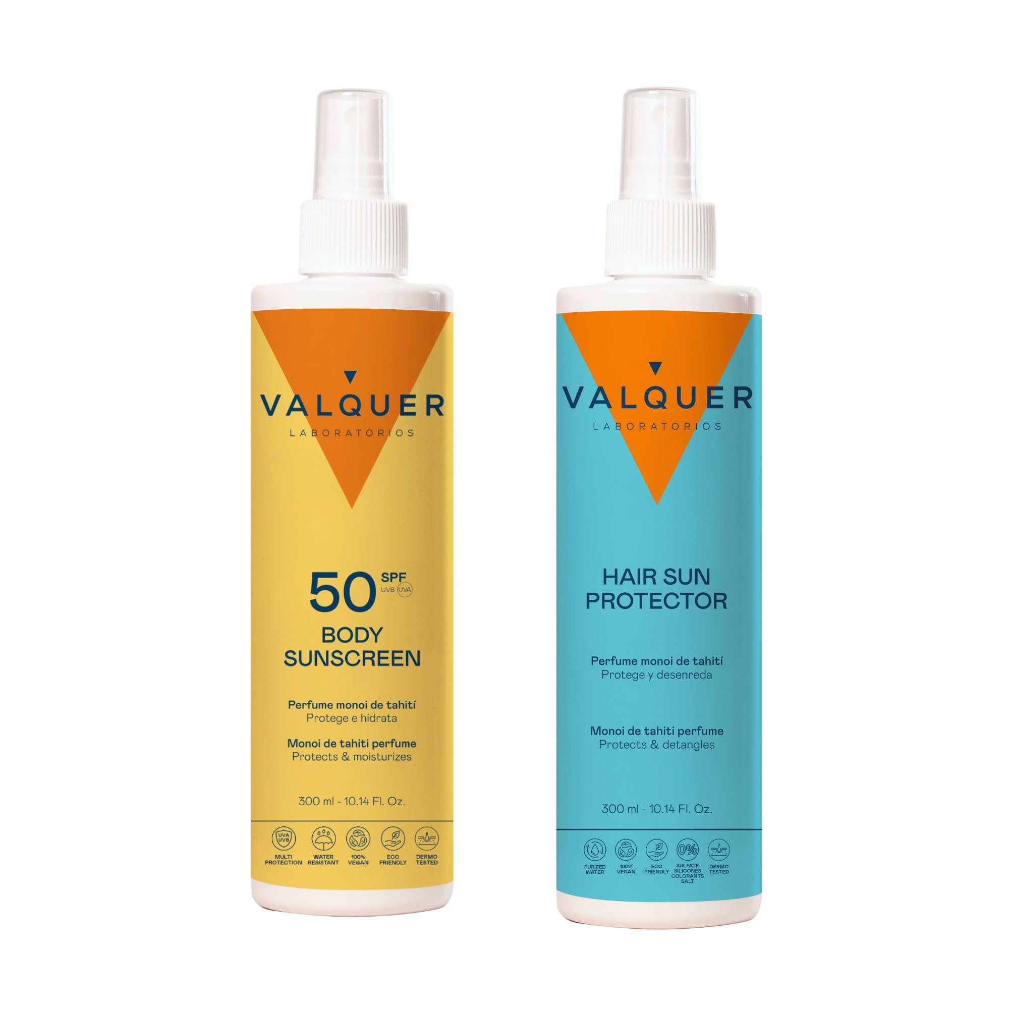 Valquer Pack Solar: Protector Solar Corporal SPF 50 + Protector Solar Capilar. Protección solar integral. Hidratación y nutrición - 300 ml * 2 uds