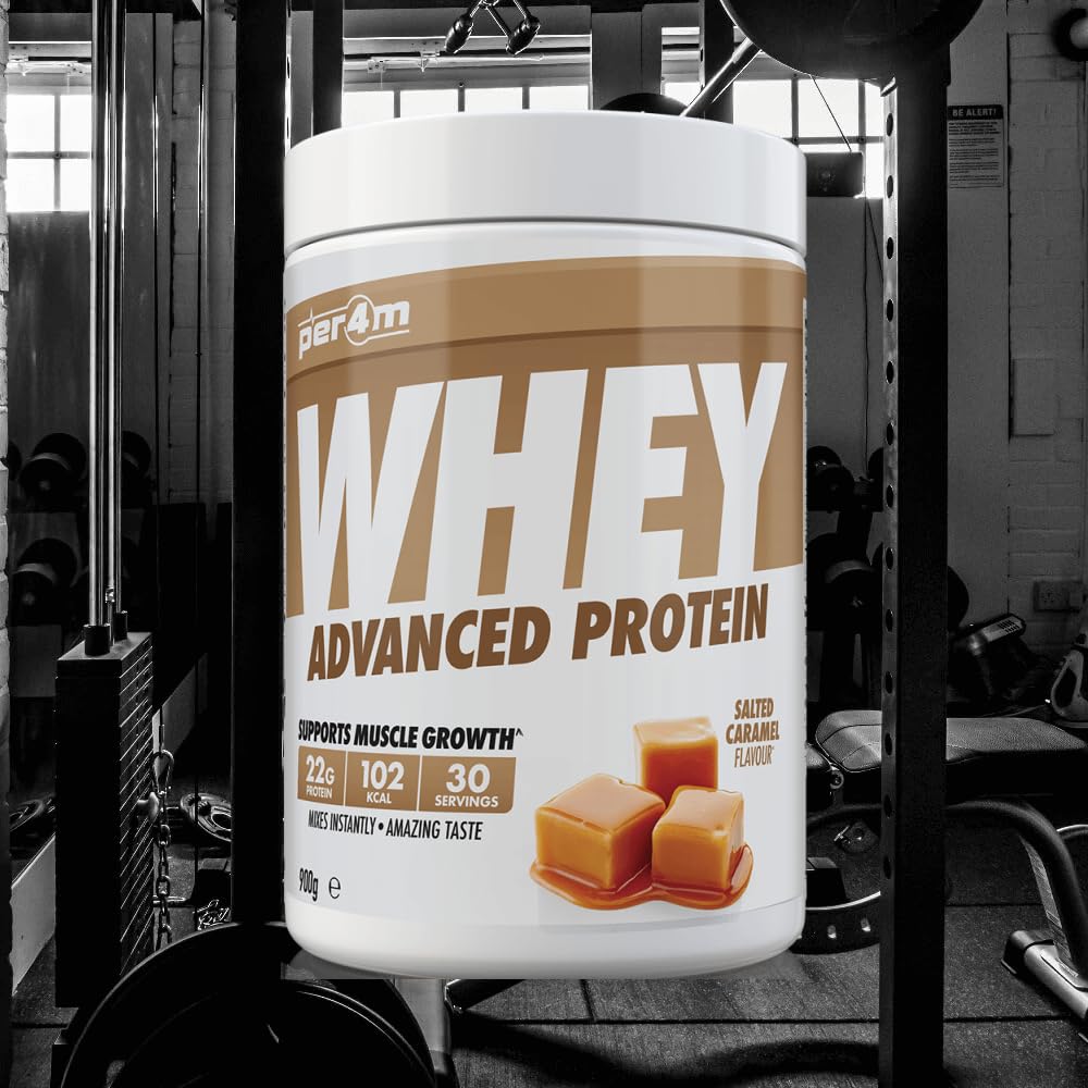 Per4m Whey Protein, Proteine con BCAA e Leucina, Sostiene Massa Muscolare e Recupero Post Workout, Ottima Solubilità, Integratore per Tutti i Livelli Sportivi Avanzati – Salted Caramel – 900g