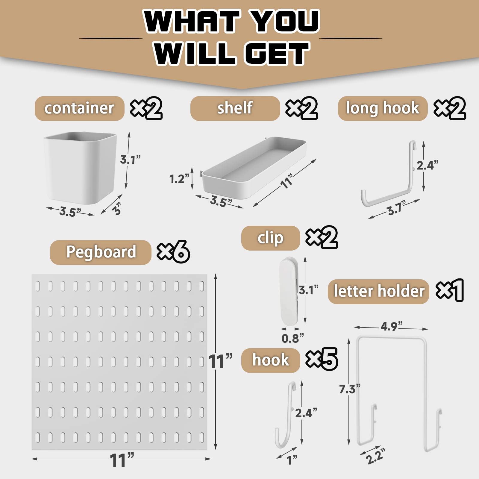 Pegboard Wall Organizer Panels 6 pcs, White Mount, Peg Boards for Craft Room, Garage, Kitchen, Study Room, 20 Pieces Organizer Kits for Easy to Install