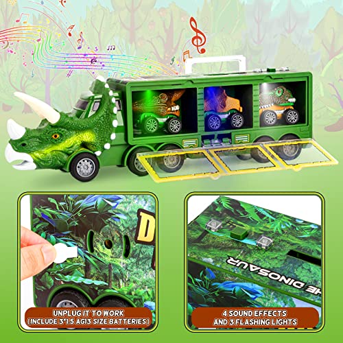 DINORUN Camión Transportador de Dinosaurios Juguetes Coches de Juguetes con Luz y Sonido para Niños y Niñas