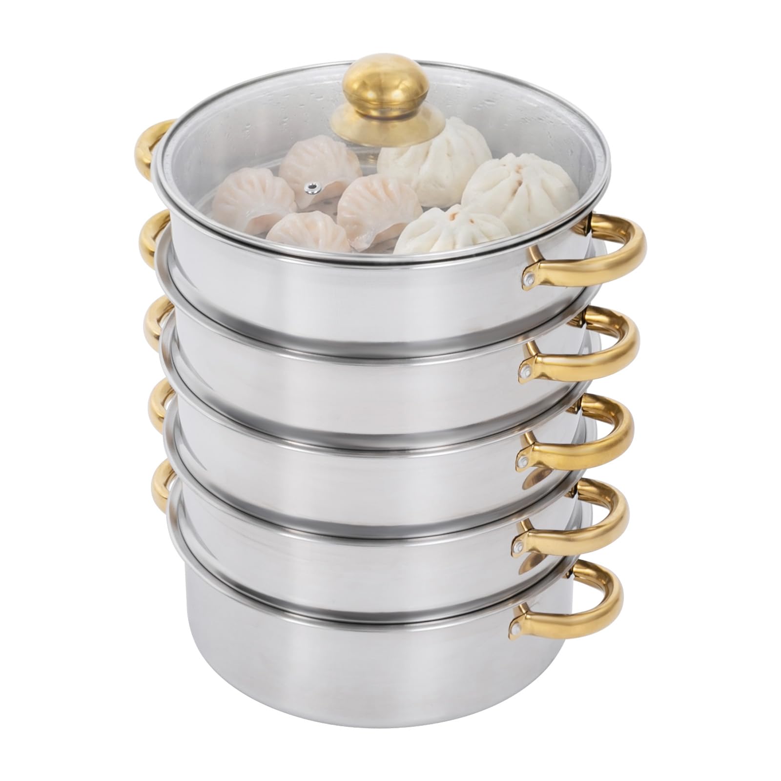 5-Ebenen Dampfgarer Topf Edelstahl mit Deckel 26 cm, 5L Rund, Freistehend
