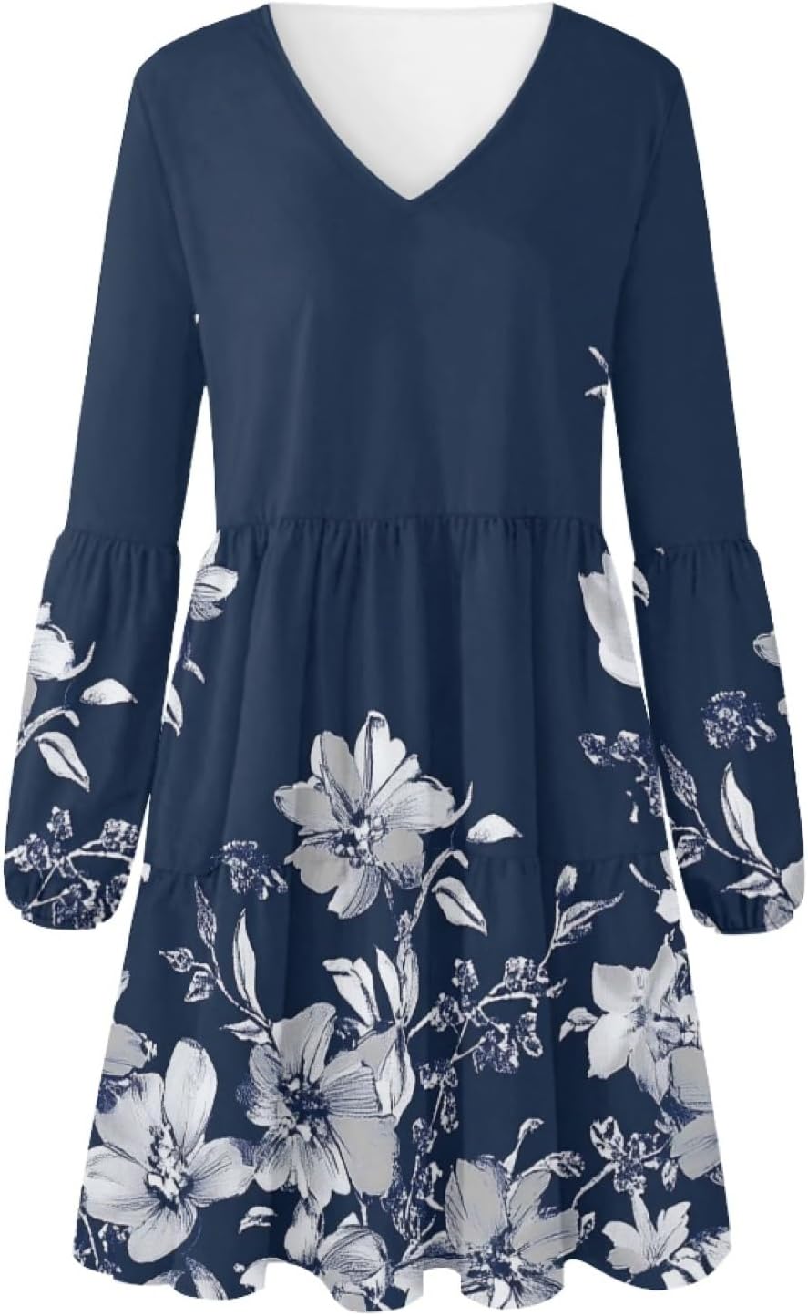 Floral Dress for Women Lantern Sleeve V Neck Plus Size Smocked Swing Flowy Ruffle F... - Image 4