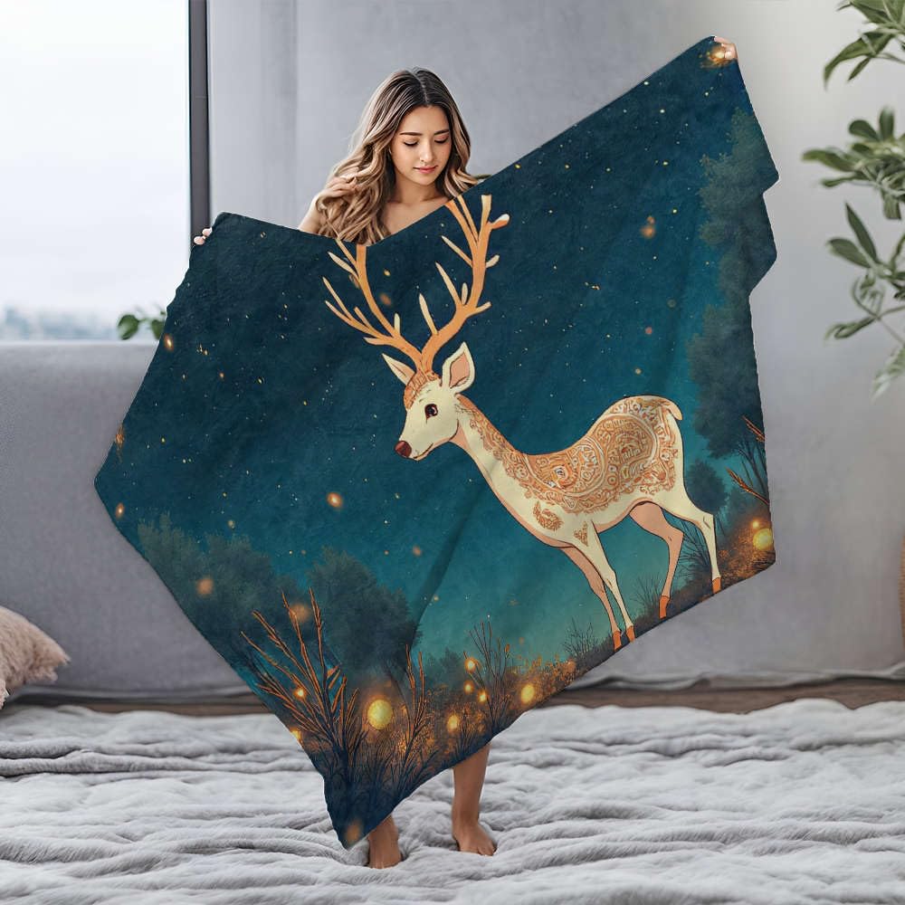 Couverture lit cerf en flanelle 150x200 plaid forêt mystique