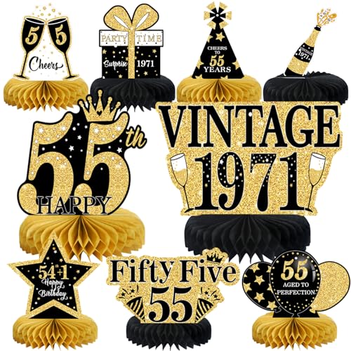 Image of 9Pcs 55th Birthday Decorations Honeycomb Centerpieces for Men Women, Black Gold Happy 55th Birthday Centerpieces Tables Toppers Party Decorations Supplies, Vintage 1971 Aged Table Sign Decor