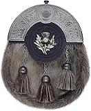 VARIETOS Scottish Kilt Sporran with Traditional Badges – Genuine Leather, Perfect for Highland Attire (Thistle badge)