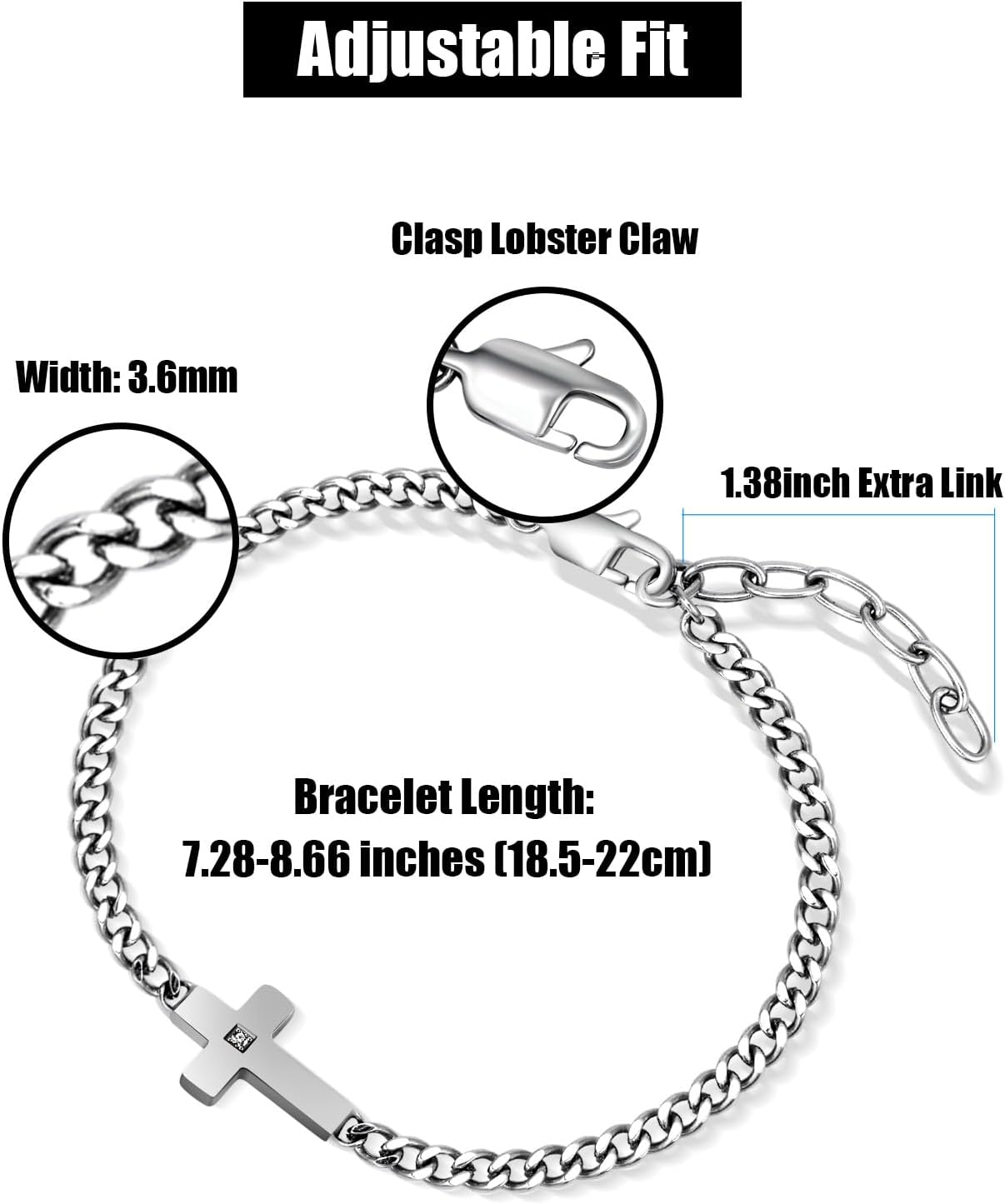 Silver Cross Chain Bracelets for Men Women,Stainless Steel Adjustable Curb Cuban Link Chain Bracelet Stylish Cross Jewelry,Christian Religious Jesus Confirmation Jewelry gifts - Image 2