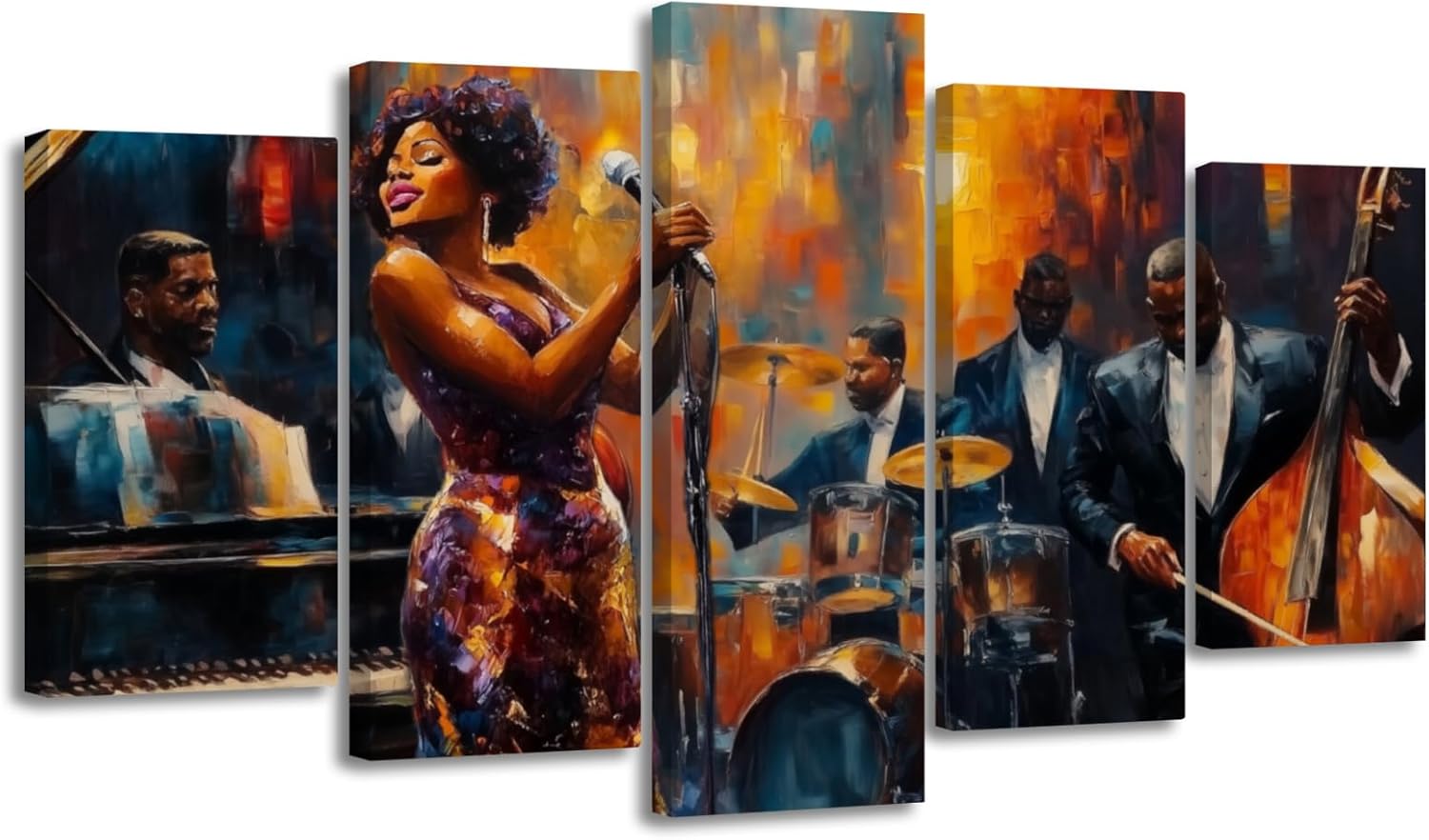 ANCROUTERY 5 Pieces African American Jazz Wall Art Black Music Canvas Print Black Woman Music Pictures Musical Instruments Painting Classroom Bar Decor Framed (Orange, (8x14inx2 8x18inx2 8x22inx1))