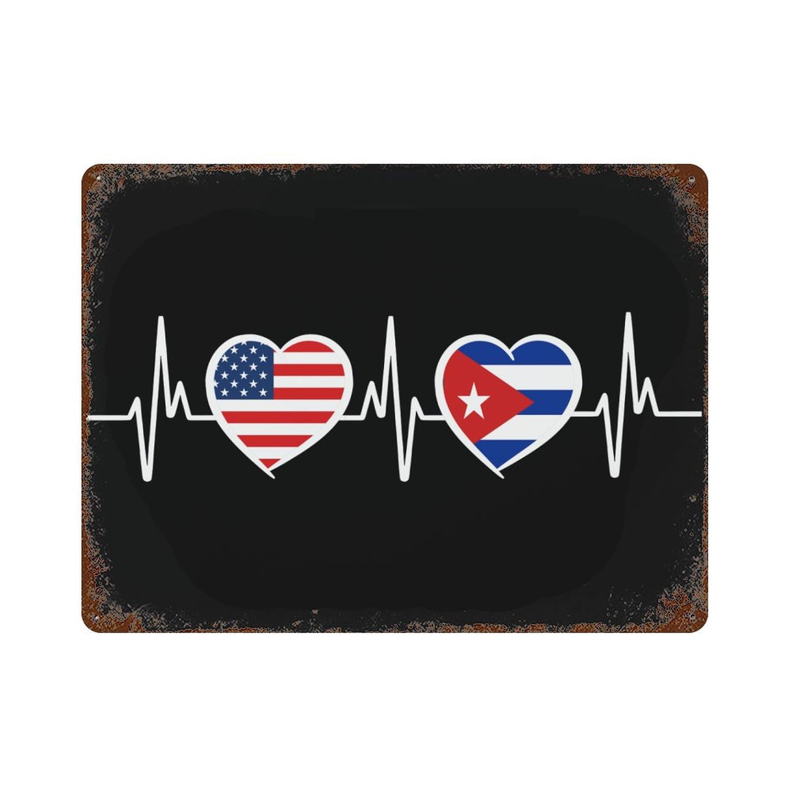 KWQDOZF America Cuba Flag Theme Metal Tin Sign,Vintage Iron Hanging Plate Horizontal with Rust Poster Wall Decor 12x16inch