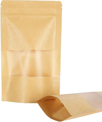 Miniatura 7 de Paquete de 100 bolsas de papel kraft Ziplock con ventana para almacenamiento de alimentos, contenedores de embalaje resellables, organizador