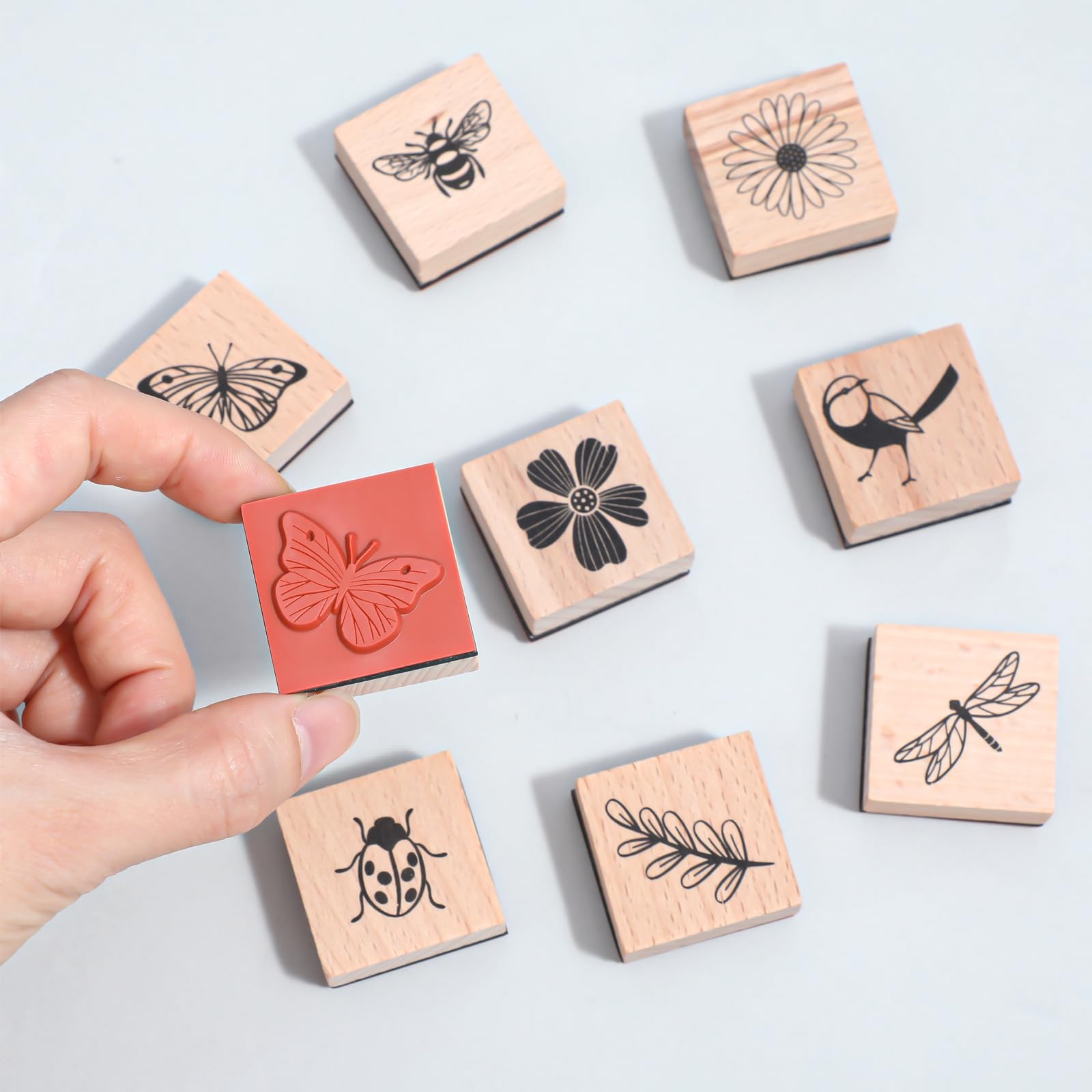 9 unidades de sellos de madera vintage, sello de madera, diseño de mariposas y flores, juego de sellos de madera, patrones de plantas naturales, sello de diseño vintage, para manualidades
