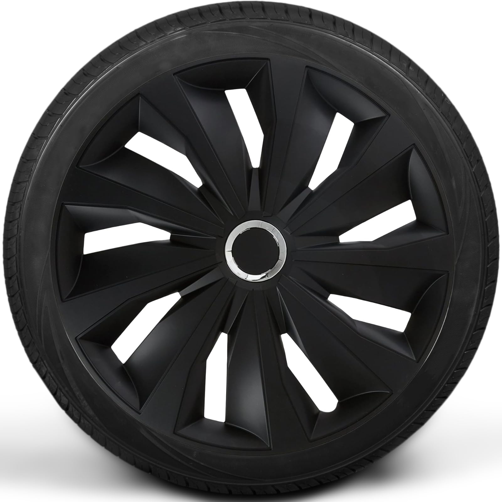 Copricerchi di alta qualità, 15 pollici, colore nero opaco, con anello cromato lucido, set da 4 copricerchi per cerchioni in acciaio, copricerchi per una protezione ottimale (Grip/Nero opaco + anello
