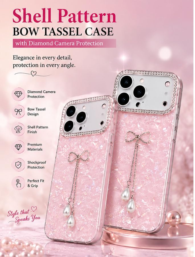 Image of mobistyle Compatible with iPhone 17 Pro | Shell Pattern with Bow Tassel and Daimond Camera Lens Protection Back Cover Case for Women Girls iPhone 17 Pro (Pink)