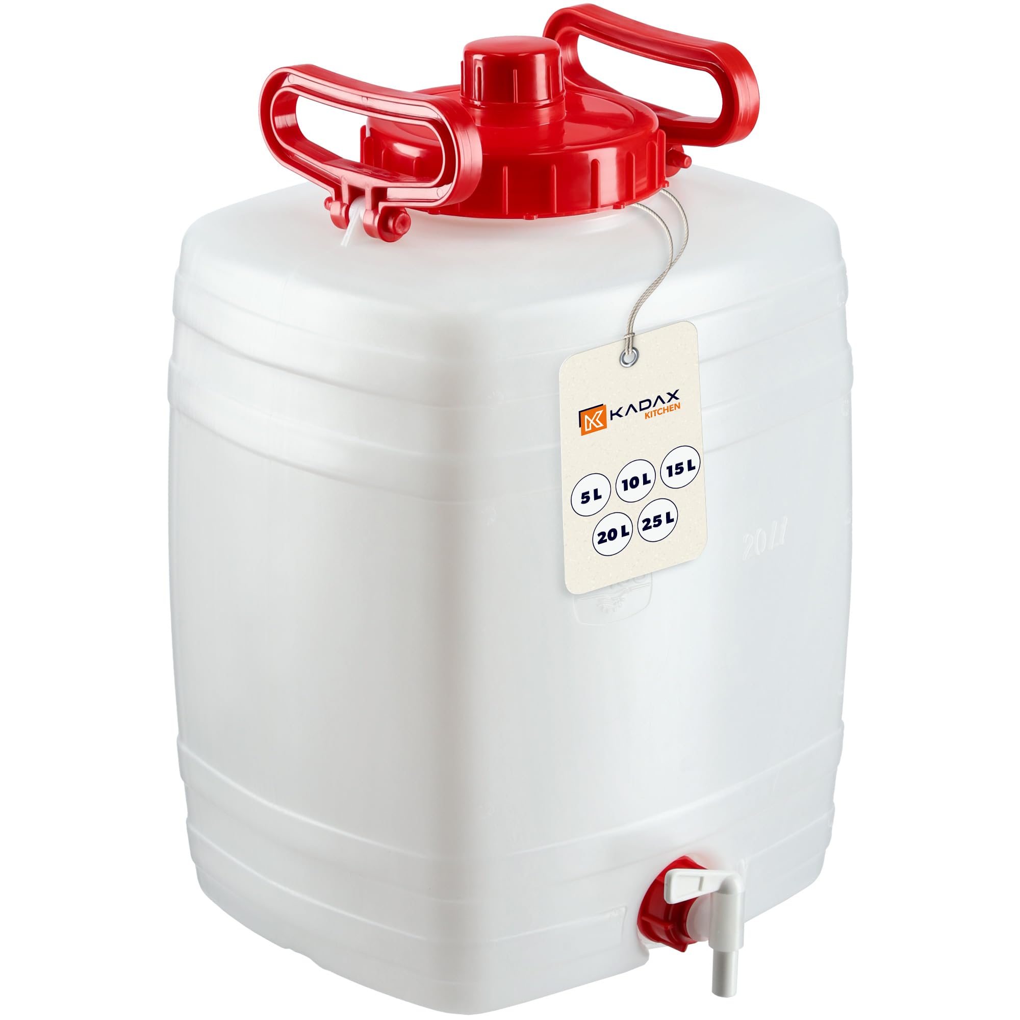 KADAX Bidón de agua, barril para bebidas de plástico, bidón de agua potable, depósito de agua con grifo, recipiente de agua, bidón para bebidas con junta de goma (20 L, blanco)