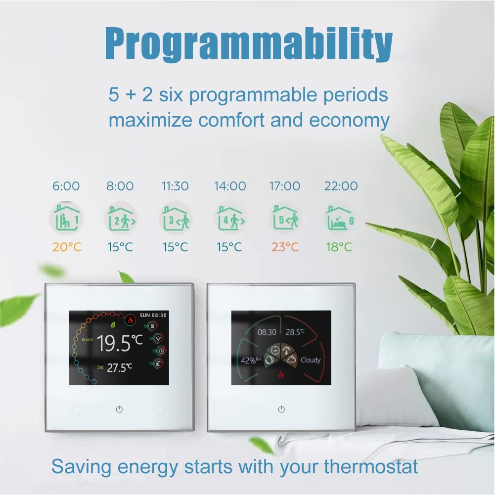 Thermostat Connecté Programmable WiFi Filaire pour Chaudière Gaz/Eau - Compatible Alexa et Google Home, Intelligent d'Ambiance Intérieur avec Écran LCD et Bouton Tactile