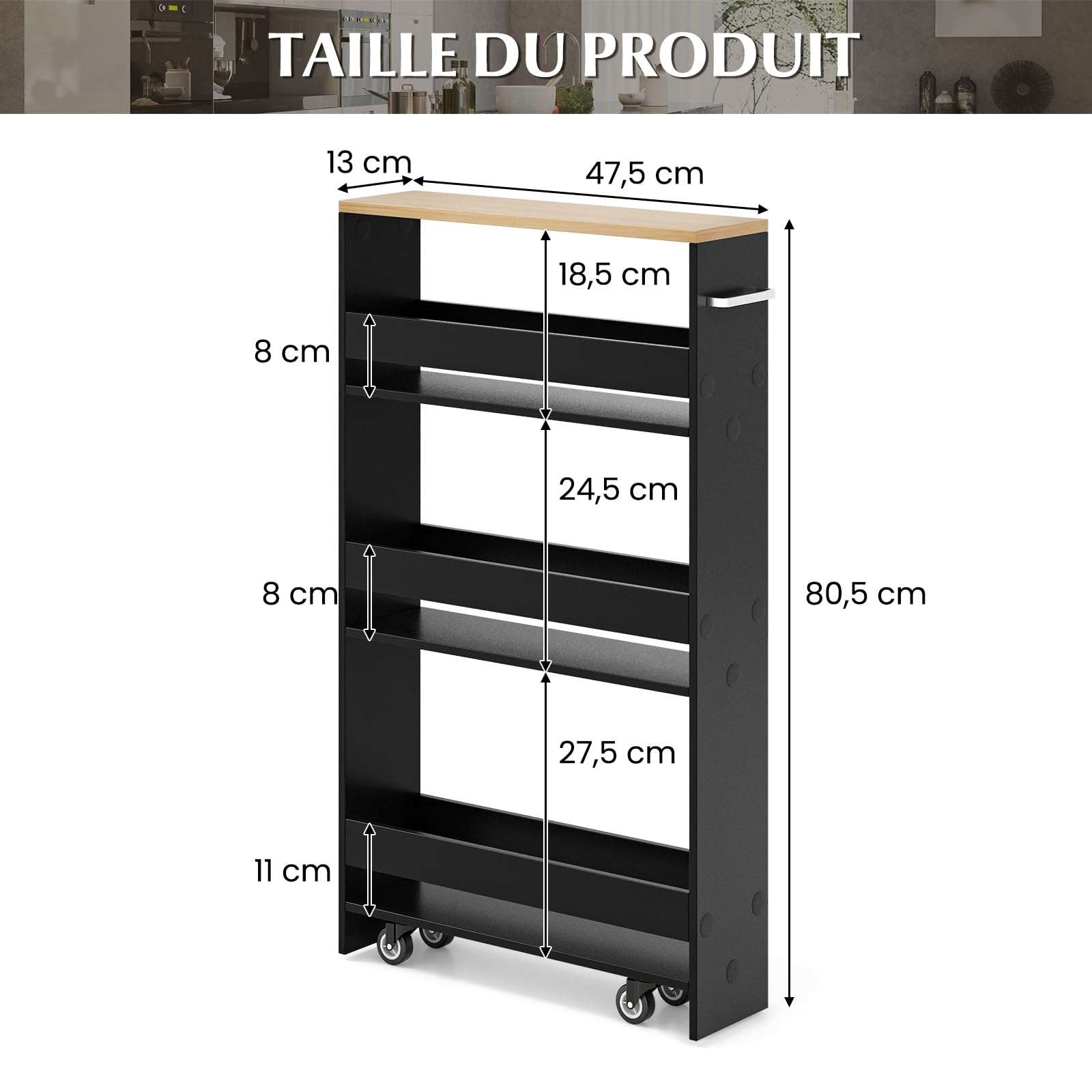 GOPLUS Chariot à roulettes de Cuisine à 4 Niveaux, 47 x 13 x 80 CM, Chariot de Rangement avec 4 roulettes Silencieuses, Poignée Latérale, Plaques de Protection (Noir+Naturel, 13CM(P)|sans Prise)